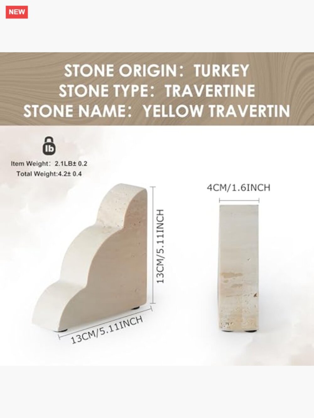 Heavy Travertine Marble Bookends Set of 2 - Non-Slip Base for Bookshelf Desk - Picture 2 of 6